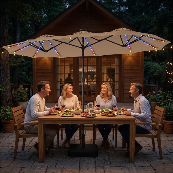 Costway Ombrellone da giardino doppio 108 luci led solari 12 modalità 3 prese d'aria manovella e base, Ombrellone da esterno con 12 stecche Marrone