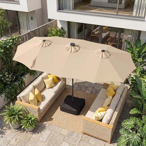 Costway Ombrellone da giardino doppio 108 luci led solari 12 modalità 3 prese d'aria manovella e base, Ombrellone da esterno con 12 stecche Beige
