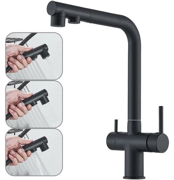 Miscelatore per lavello da cucina - 3 in 1 con filtro dell'acqua - Doccetta estraibile - Due maniglie - Girevole a 360° - Installazione monoblocco - Nero opaco