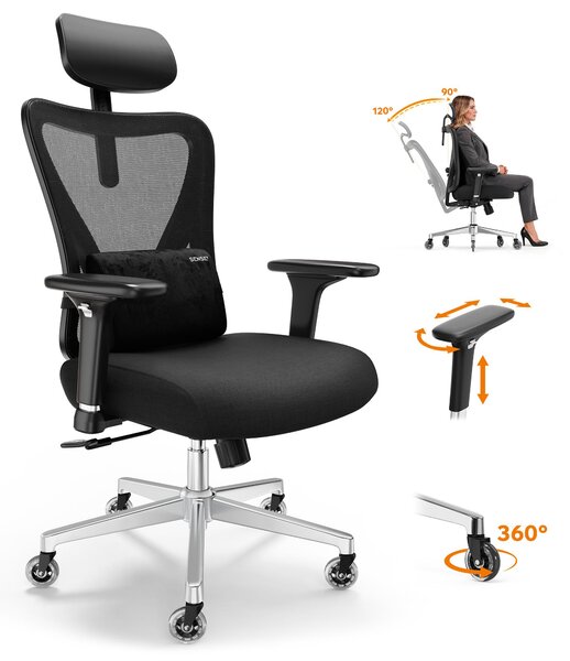 SENSE7 KANO: Sedia ergonomica per ufficio, sedia da scrivania, poltrona direzionale in mesh con supporto lombare, poggiatesta regolabile in 2 dimensioni, portata massima 150 kg, ruote in PU, ideale per l'ufficio domestico, colore nero