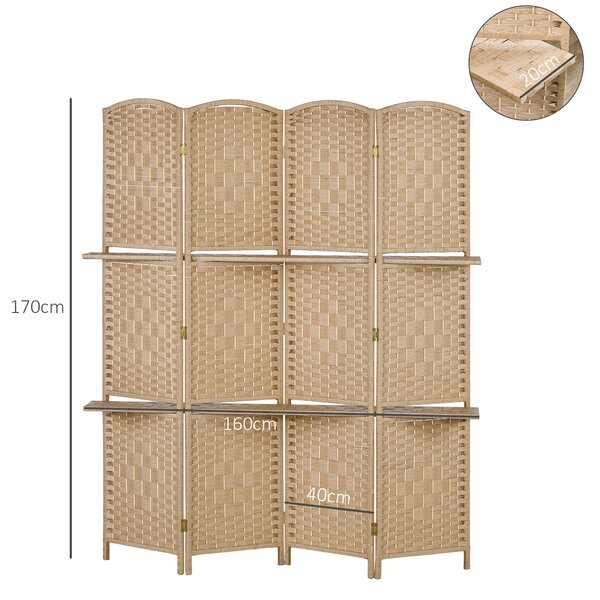 HOMCOM Paravento da Interno a 4 Pannelli Pieghevole con Mensole 160x170 cm, Colore Naturale