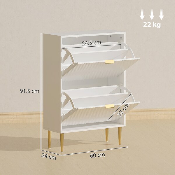 HOMCOM Scarpiera Slim per 12 Paia di Scarpe con 2 Cassetti a Ribalta e Ripiani Regolabili, 60x24x91.5 cm, Bianco | Aosom Italy