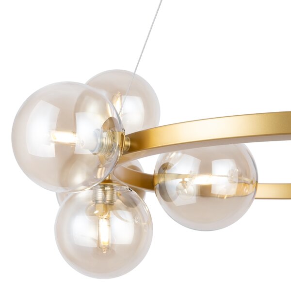 Lampadario Contemporaneo Dallas Metallo Oro 11 Luci Diffusori Vetro Cognac
