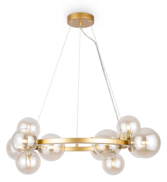 Lampadario Contemporaneo Dallas Metallo Oro 11 Luci Diffusori Vetro Cognac