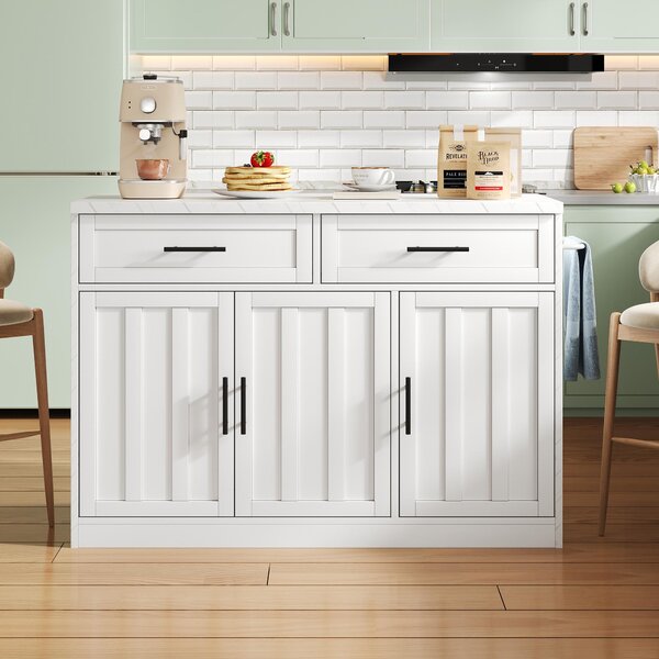 Isola da cucina di 120x60x91 cm, dotata di prese di corrente e porte USB, con area bar e piano di lavoro effetto marmo bianco