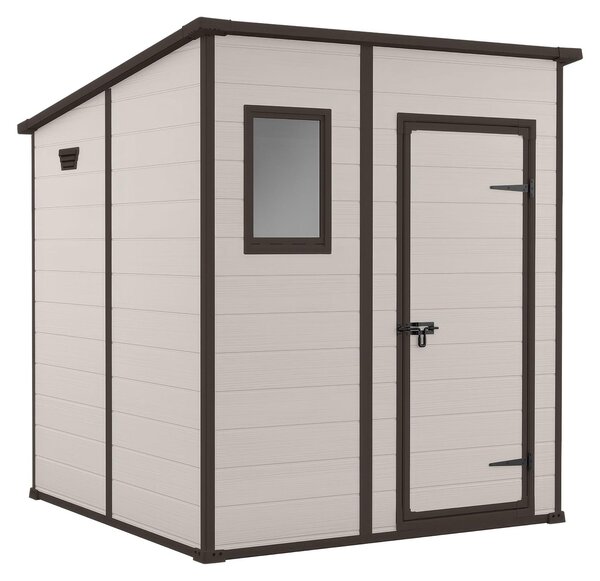 Manor Pent 6x6 - Casetta da Giardino 183,50x200x185 cm 1 Anta per deposito attrezzi finitura effetto legno graffiato in Resina Beige