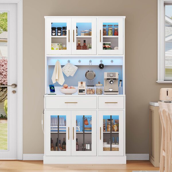 Mobile da cucina con illuminazione a LED e presa di corrente, dimensioni 180x100x40 cm, sei ante, due cassetti, stile rustico bianco