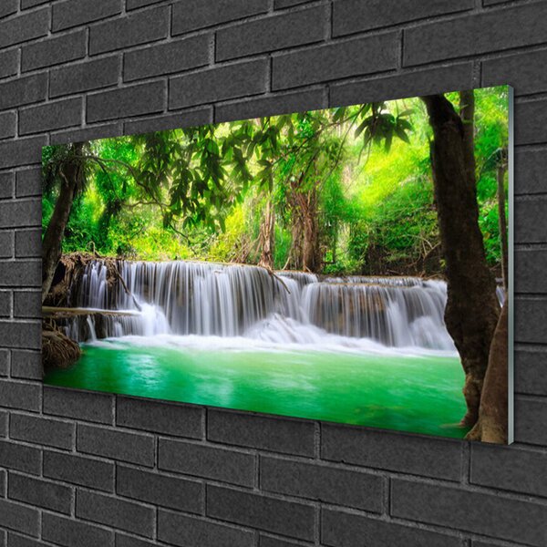 Quadro su vetro Cascata Lago Foresta Natura 100x50 cm 2 appendini