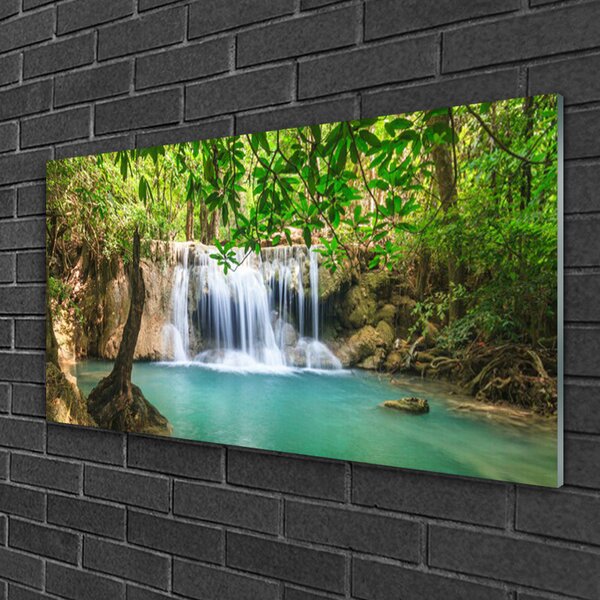 Quadro su vetro Cascata Lago Foresta Natura 100x50 cm 2 appendini