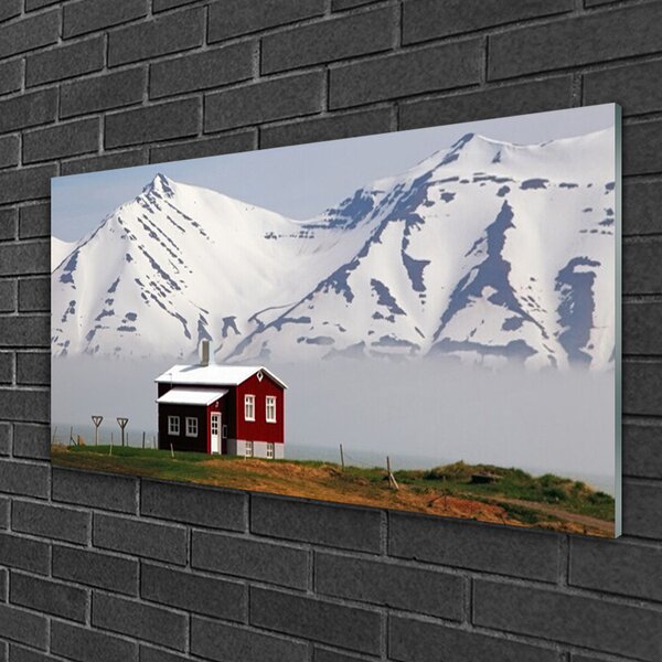 Quadro in vetro Casa di montagna Paesaggio Neve 100x50 cm 2 appendini