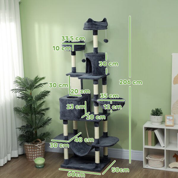 PawHut Tiragraffi per Gatti Alto 206 cm con 4 Pali Graffiatoi, Grotte, Cesti, Amache, per 1-3 Gattini 6 kg, Grigio Scuro | Aosom Italy