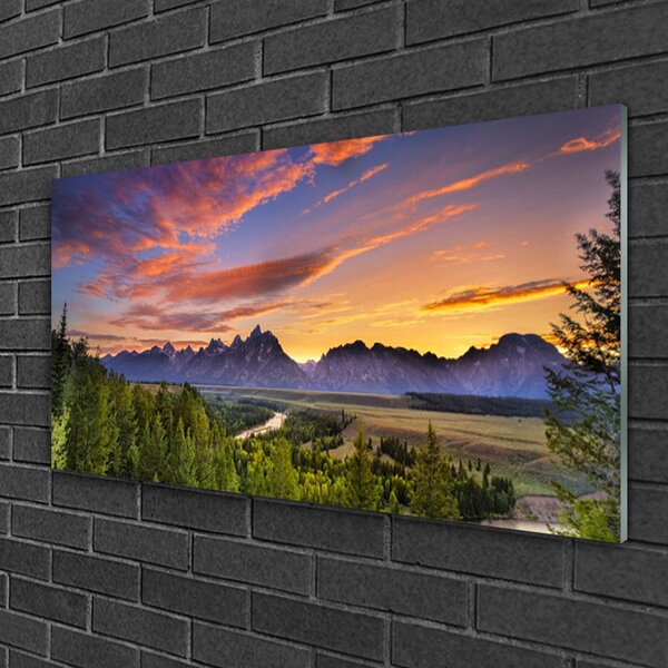 Quadro su vetro Montagna Foresta Sole Natura 100x50 cm 2 appendini