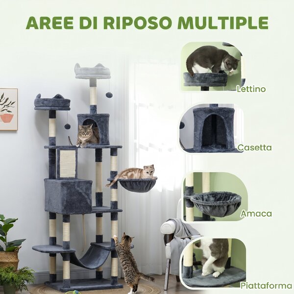 PawHut Tiragraffi per Gatti Alto 206 cm con 4 Pali Graffiatoi, Grotte, Cesti, Amache, per 1-3 Gattini 6 kg, Grigio Scuro | Aosom Italy