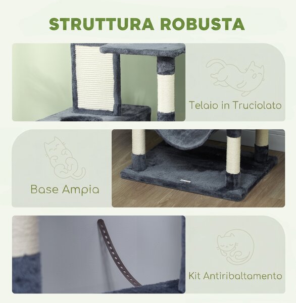 PawHut Tiragraffi per Gatti Alto 206 cm con 4 Pali Graffiatoi, Grotte, Cesti, Amache, per 1-3 Gattini 6 kg, Grigio Scuro | Aosom Italy
