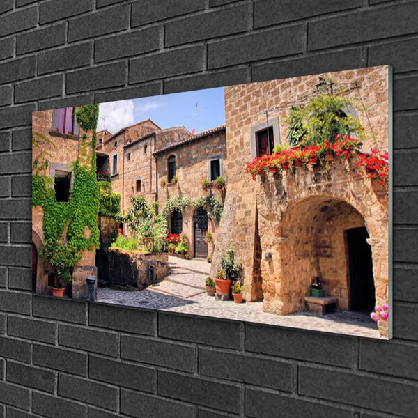 Quadro su vetro Vicolo Fiori Case Pianta 100x50 cm 2 appendini
