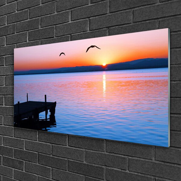 Quadro vetro Mare Molo Sole Paesaggio 100x50 cm 2 appendini