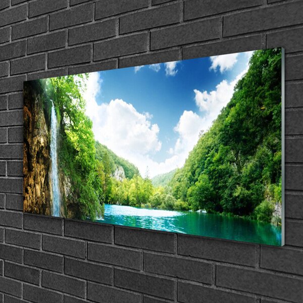 Quadro in vetro Montagna Foresta Lago Natura 100x50 cm 2 appendini