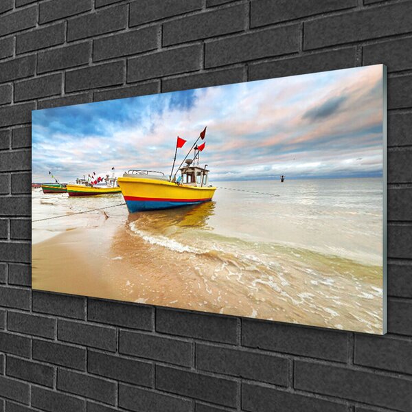 Quadro di vetro Barche Spiaggia Mare Paesaggio 100x50 cm 2 appendini