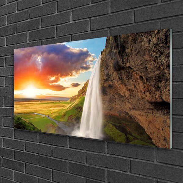 Quadro in vetro Paesaggio solare a cascata 100x50 cm 2 appendini