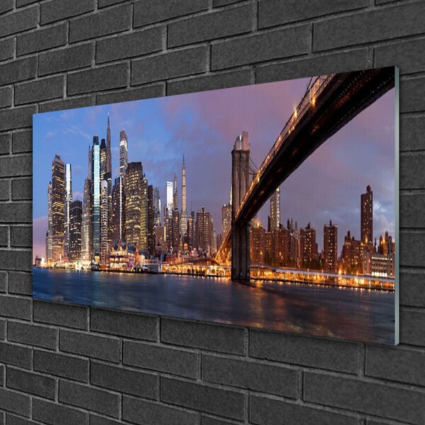 Quadro di vetro Città Ponte Case Cielo 100x50 cm 2 appendini