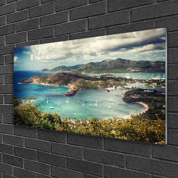Quadro di vetro Baia di barche Paesaggio 100x50 cm 2 appendini
