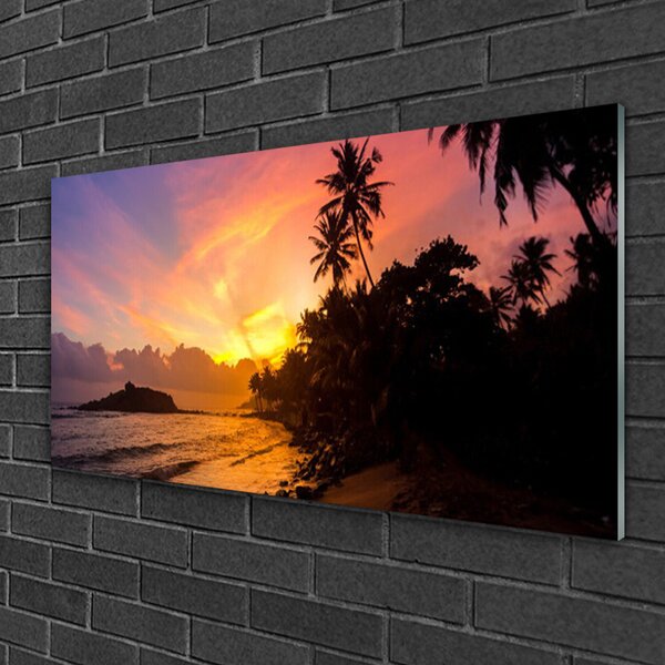 Quadro vetro Paesaggio Palme del Sole Marino 100x50 cm 2 appendini
