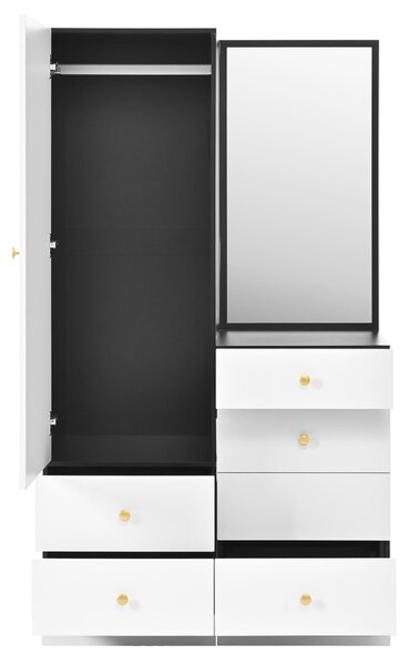 Combinazione multifunzionale di comò e armadio per trucchi e abbigliamento, completa di poggiapiedi estraibile, specchio a figura intera e cassetti divisori per il trucco