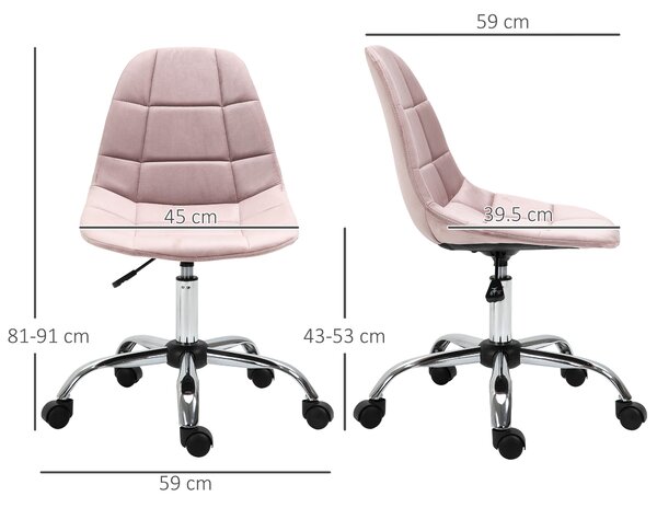 Vinsetto Sedia da Ufficio con Rotelle Girevole Ergonomica, Altezza Regolabile, Senza Braccioli, in Tessuto Effetto Velluto, Rosa | Aosom