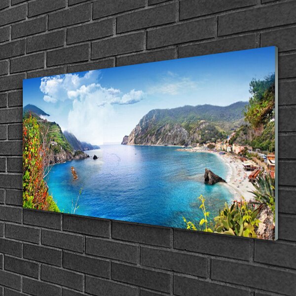Quadro vetro Baia Montagne Mare Paesaggio 100x50 cm 2 appendini