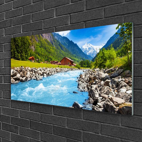 Quadro vetro Montagne Fiume Paesaggio 100x50 cm 2 appendini