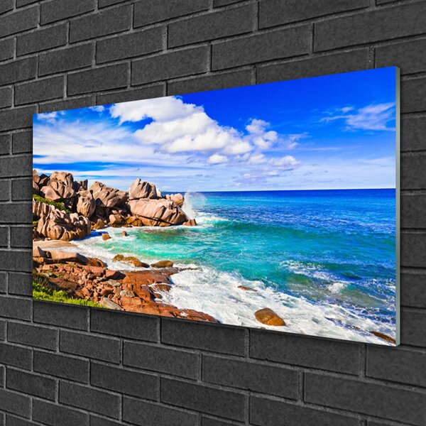 Quadro di vetro Spiaggia Rocce Mare Paesaggio 100x50 cm 2 appendini