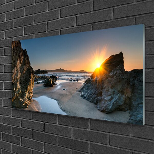 Quadro in vetro Spiaggia di roccia Sole Paesaggio 100x50 cm 2 appendini