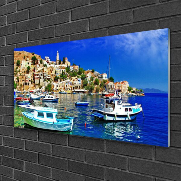 Quadro in vetro Barche Città Mare Paesaggio 100x50 cm 2 appendini