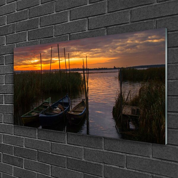 Quadro vetro Barche Paesaggio in erba marina 100x50 cm 2 appendini