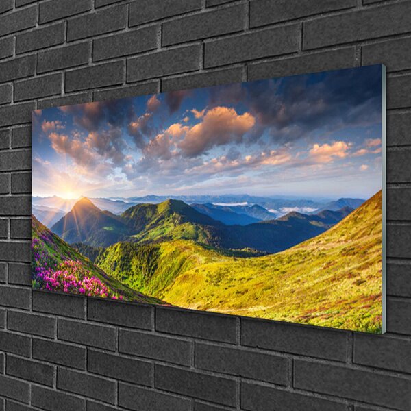 Quadro in vetro Montagne Sole Prato Paesaggio 100x50 cm 2 appendini