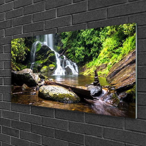 Quadro in vetro Cascata Foresta Natura Torrente 100x50 cm 2 appendini