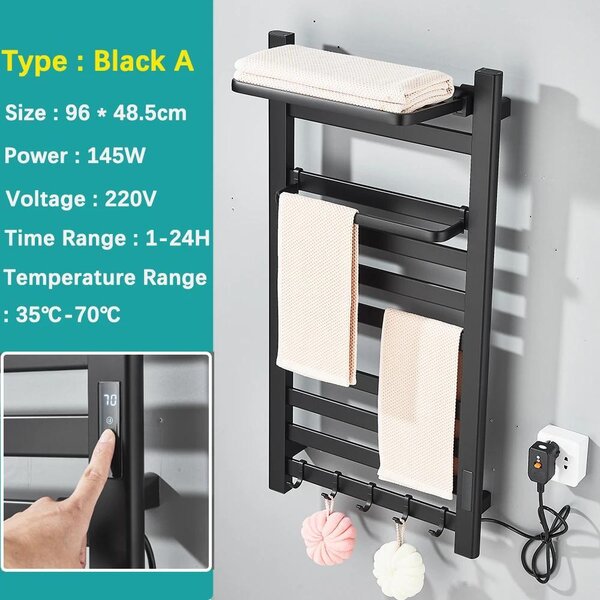 Asciugamani elettrico da bagno, modello A 6621, da montare a parete, in alluminio, con display digitale, termostato touch, grado di protezione IPX4 (resistente all'acqua), colore nero