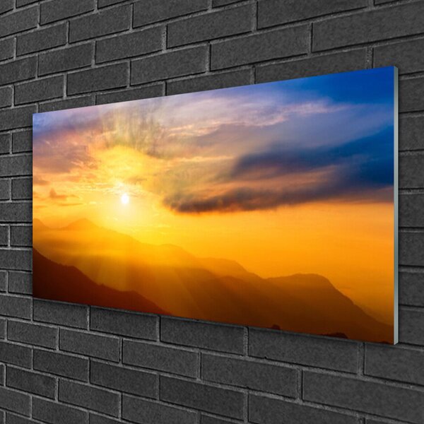 Quadro in vetro Montagna Sole Nuvole Paesaggio 100x50 cm 2 appendini
