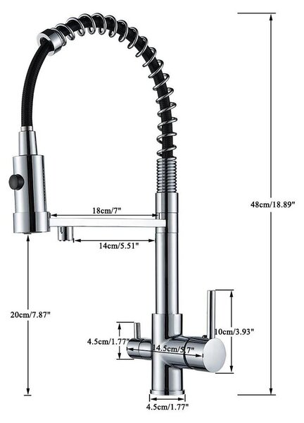 Rubinetto da cucina con filtro - Miscelatore per lavello - Girevole a 360° - Doccetta estraibile - Miscelatore a due maniglie per acqua calda e fredda - Installazione monoblocco - Finitura spazzolata - Cromo