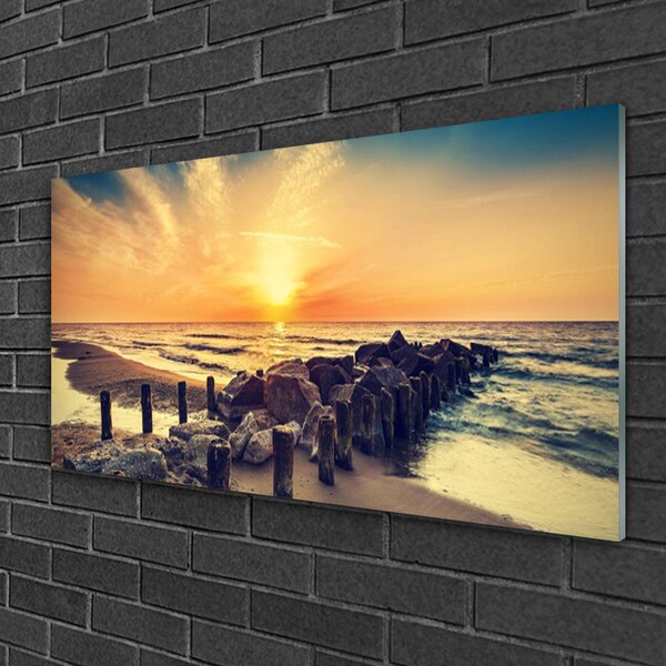 Quadro in vetro Spiaggia frangiflutti Mare Ovest 100x50 cm 2 appendini