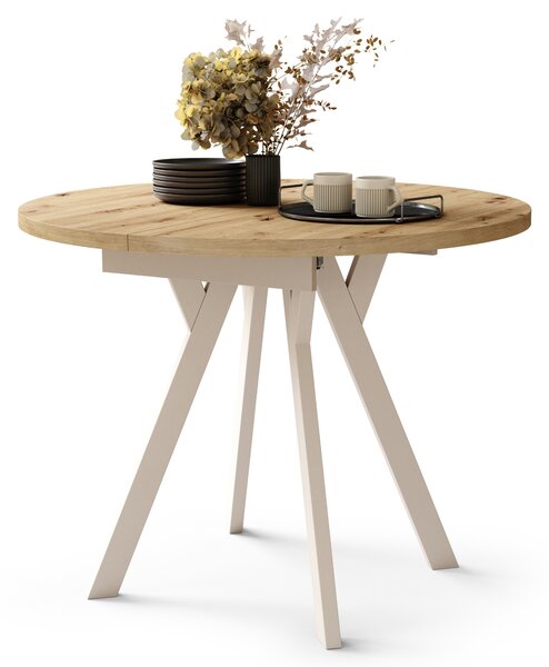 ALMO Rovere Artisan/gambe beige - TAVOLO ROTONDO ALLUNGABILE CON GAMBE A Y LOFT / INDUSTRIALE PER SALONE / SALA DA PRANZO