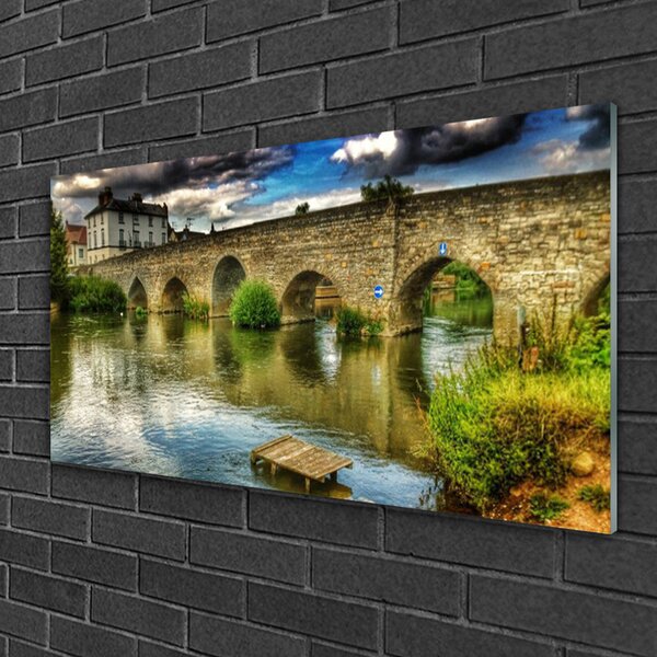 Quadro di vetro Architettura del fiume Bridge 100x50 cm 2 appendini