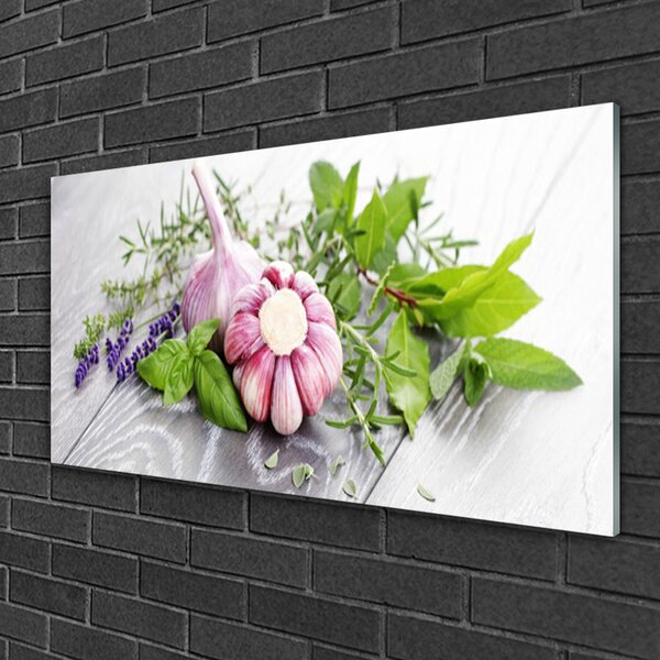 Quadro di vetro Aglio Erbe da cucina 100x50 cm 2 appendini