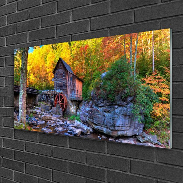 Quadro su vetro Mulino ad acqua Foresta d'autunno 100x50 cm 2 appendini