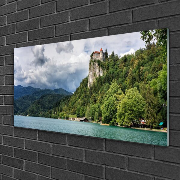 Quadro in vetro Castello in montagna Paesaggio forestale 100x50 cm 2 appendini