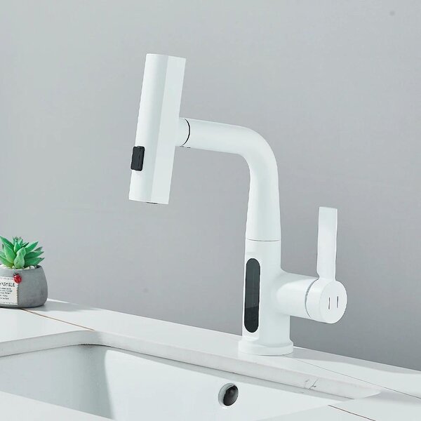Miscelatore da cucina a cascata - Miscelatore a parete estraibile - Display digitale della temperatura - Miscelatore con controllo separato dell'acqua calda e fredda - Miscelatore monocomando - Ottone lucidato - Bianco