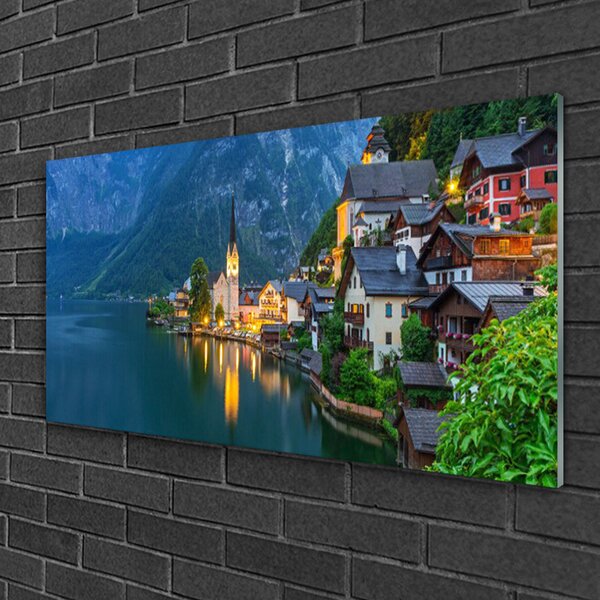 Quadro vetro Montagne Città Lago di Notte 100x50 cm 2 appendini