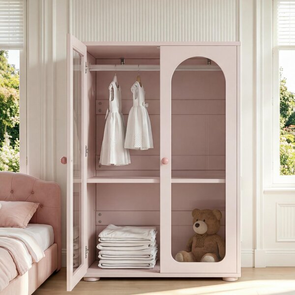 Armadio a due ante, armadio laccato, mobile contenitore per la camera da letto, armadio per bambini, con asta appendiabiti, ante trasparenti in acrilico