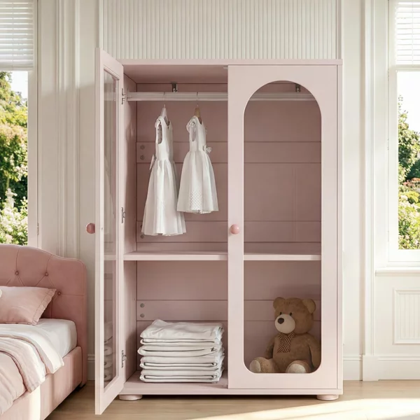 Armadio a due ante, armadio laccato, mobile contenitore per la camera da letto, armadio per bambini, con asta appendiabiti, ante trasparenti in acrilico