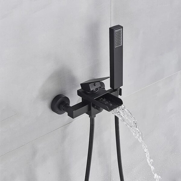 Miscelatore per vasca da bagno – Miscelatore a cascata da montare a parete, con doccetta – Miscelatore monocomando per vasca – Acqua calda/fredda – Ottone – Nero opaco